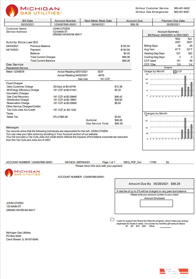USA Michigan Gas Utilities utility bill template in Word and PDF format version 2